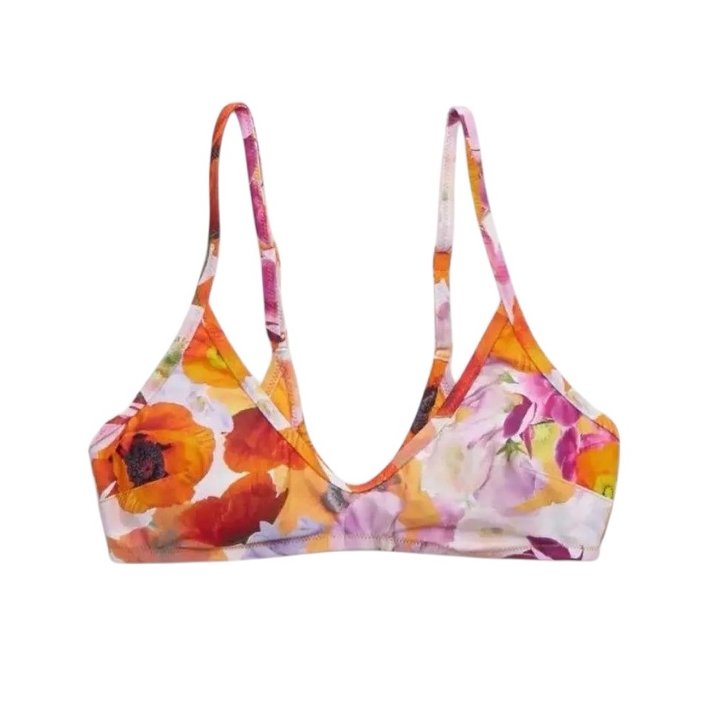 Aerie Bikini Top Women’s Small Orange Floral‎ Scoop Voop Binding